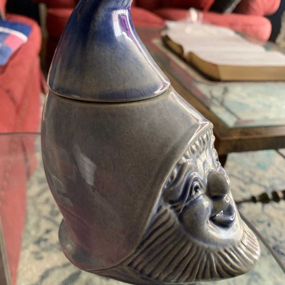 West Germany Blue Gnome Head Smiling Happy Figurine With Lid Kitchen Sugar Candy - Picture 4 of 12